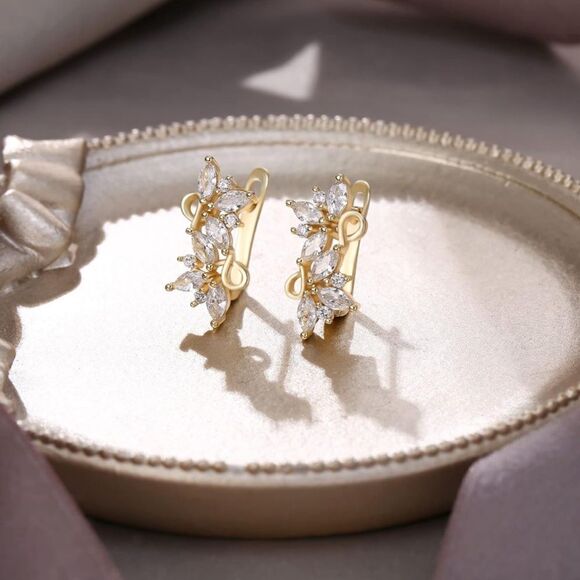 Yellow Gold with White Diamond Cubic Zirconia French Clip Post Flower Earrings - Picture 2 of 5